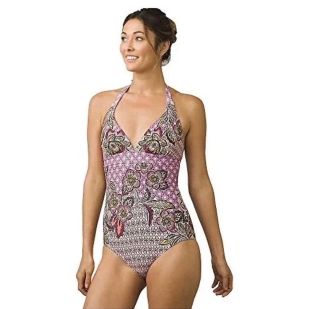 Prana Women’s Floral V Neck Halter One Piece Swimsuit Size Large Vacation Swim